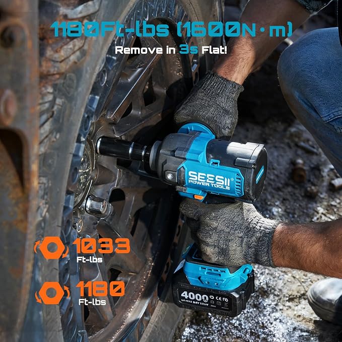 SEESII Upgraded Impact Wrench 1180 Ft-lbs (1600 N·m): 1/2" High-Torque Impact Gun with Detachable Side Handle, 21V Cordless Impact Driver 2x 4.0Ah Batteries for Car/Pickup Truck/Mower/Industrial Tasks