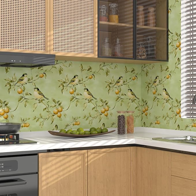 Green Bird Wallpaper Peel and Stick, Vintage Botanical Fruits Contact Paper, Retro Floral Boho Wall Paper Self Adhesive Removable Waterproof for Bedroom Walls Shelf Cabinet Drawer Table 17.5" x 118"