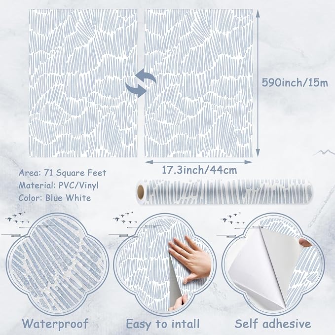 Theper Blue Striped Modern Wallpaper Peel and Stick Wallpaper Boho 17.3"×590" Removable Self Adhesive Wall Paper for Bedroom Waterproof Blue and White Contact Paper for Home Decor Vinyl