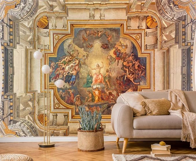 Jdayda Gold Rome Church Ceiling Wallpaper Mural Renaissance Art | 149"x107" Not Self-Adhesive Wall Mural Baroque Art Wall Decoration for Bedroom Living Room