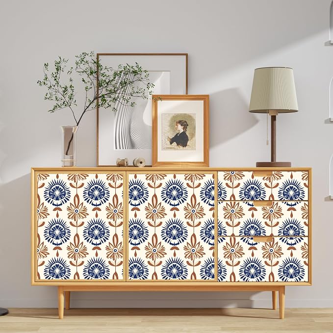 BOKEBEVE Super Long Floral Contact Paper Boho Beige Brown 17.5 x 787In | Wallpaper Peel and Stick Removable Wall Paper for Accent Walls Drawer Cabinet Bedroom Renter Friendly