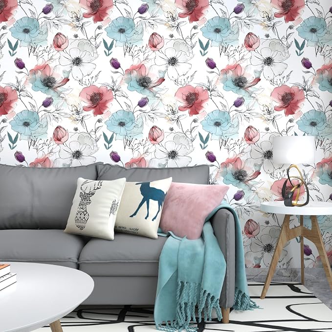 Blue Pink Watercolor Floral Peel and Stick Wallpaper 17.5"x393" | Self Adhesive/Removable/Waterproof/Thick Vinyl Vintage Contact Paper for Bathroom Bedroom Shelf Cabinet Drawer,Prepasted