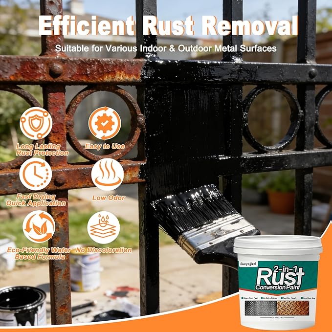 Metal Paint, 2-In-1 Rust Converter for Metal, Rust Remover for Primer,Paint Over Rusted Metal, Anti-Rust Inhibitor Heat & UV Resistant for Rusty Metal Trailer Chassis Frame (70.5 Oz/Black)