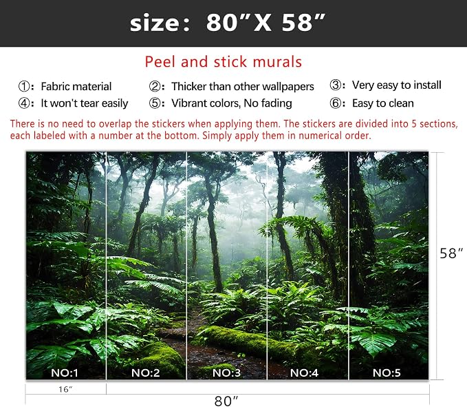 YIHWM-Peel and Stick Tropical Rainforest Wallpaper Green Jungle wall Mural | Tear-resistant,with a substantial feel;Will not be damaged during repositioning.Bathroom,Bedroom wallpaper.S-80"x58"
