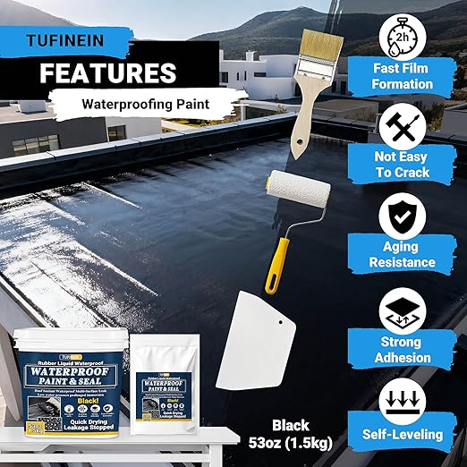 Rubber Liquid Waterproof Sealant, TUFINEIN 53oz/1.5kg Black Quick Drying Multi Surface Foundation Leak Repair - Roof Gutters Basement Sealer Waterproof - Indoor & Outdoor Flexible Rubber Paint