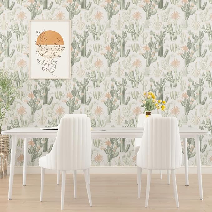 Light Cactus Floral Peel and Stick Wallpaper 17.5" x 393",Beige | Self Adhesive/Removable/Waterproof/Thick Vinyl Contact Paper for Bathroom Bedroom Shelf Cabinet Drawer,Prepasted,Easy Peel