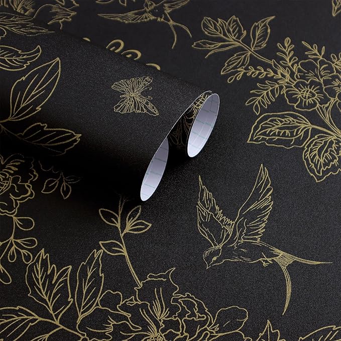 Froluya Black and Gold Wallpaper Peel and Stick Wallpaper 17.7"x118.1" Vintage Floral Boho Peel and Stick Wall Paper Dark Removable Self Adhesive Contact Paper for Bedroom Cabinets Shelf Liner Vinyl