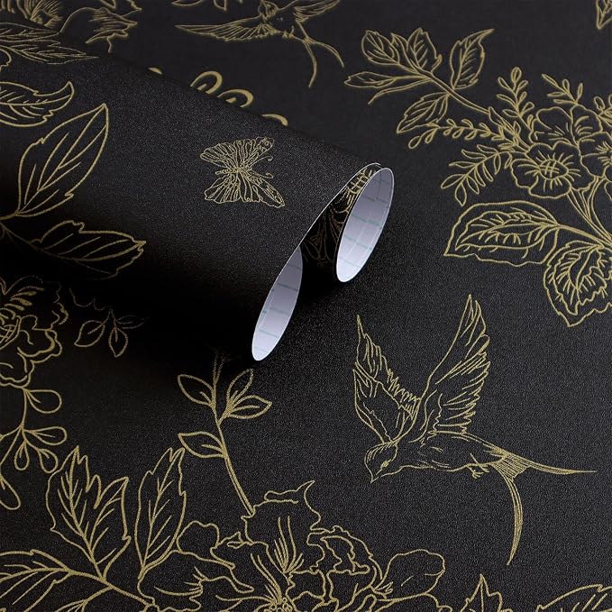 Froluya Black and Gold Wallpaper Peel and Stick Wallpaper 17.7"x196.8" Vintage Floral Boho Peel and Stick Wall Paper Dark Removable Self Adhesive Contact Paper for Bedroom Cabinets Shelf Liner Vinyl