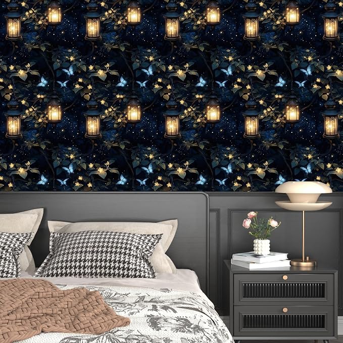 Night Forest Wallpaper Peel and Stick Dark Contact Paper Vintage Green Leaf Wall Paper Vinyl Waterproof Self Adhesive Retro Lantern Butterfly Walls Mural for Bedroom Cabinet Table Décor17.5" x 393"