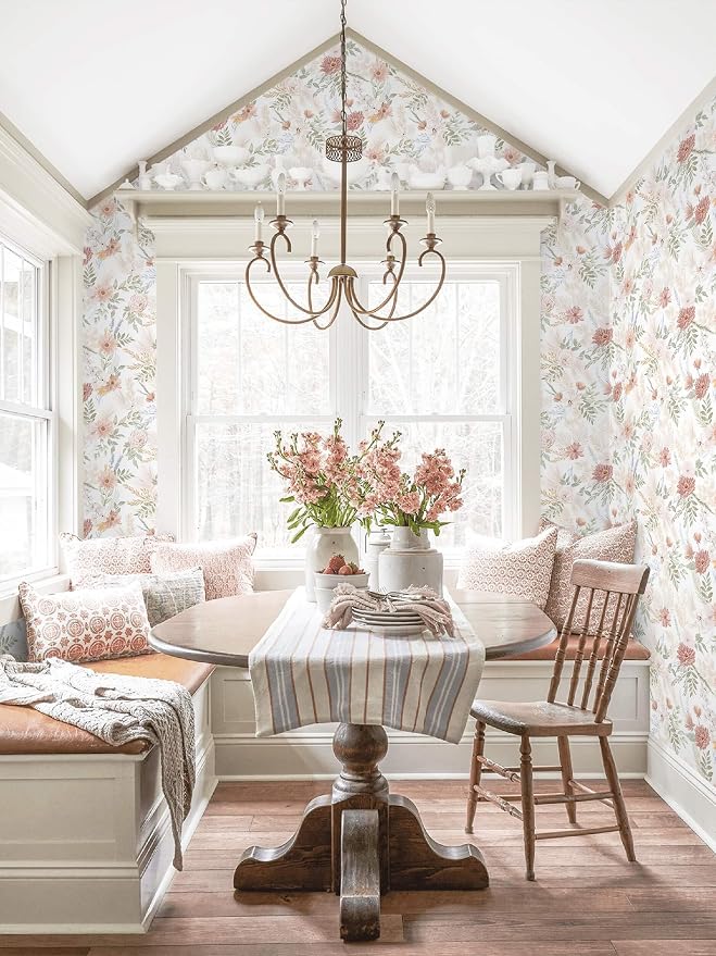 Dimoon Pink Floral Peel and Stick Wallpaper Modern Beige Contact Paper 17.3''x393'' Boho Village Country Cottage Wallpaper Renter Friendly Girls Room Wall Paper for Bathroom Nursery Bedroom Vinyl
