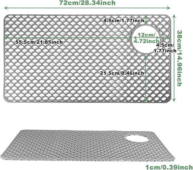 Sink Protectors for Kitchen Sinks - Large 28.4“ x 15” with Right Side Top Hole Heat Resistant Easy to Clean Non-Slip Kitchen Sink Mat for Kitchens Sinks Stainless Steel Bottom (Grey) - 72x38CM