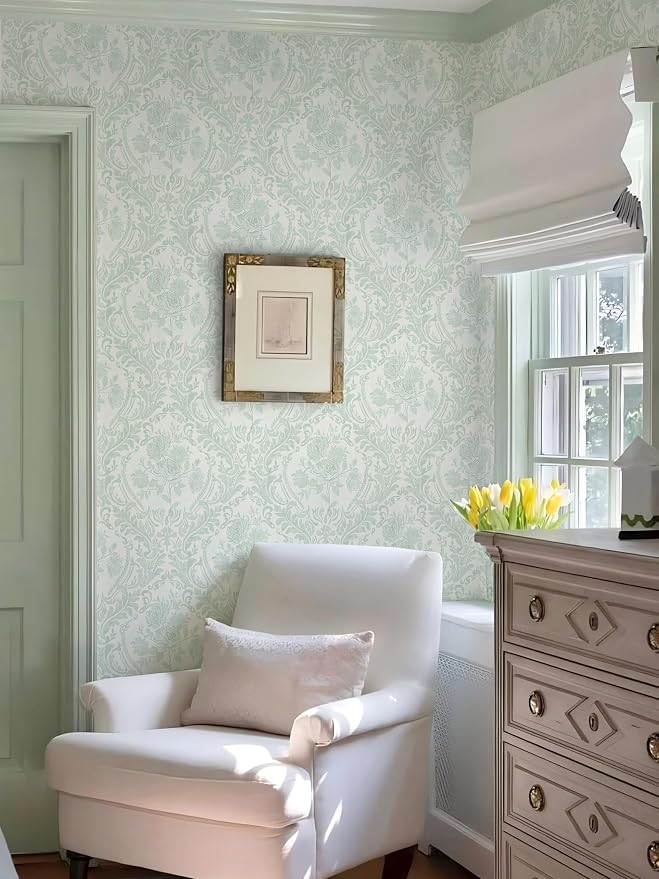 Ismoon Peel and Stick Wallpaper Vintage Floral Contact Paper Boho Watercolor Sage Green Damask Wallpaper Textured Removable Self Adhesive Vinyl Wall Paper for Bedroom, 17.3inx16.4ft