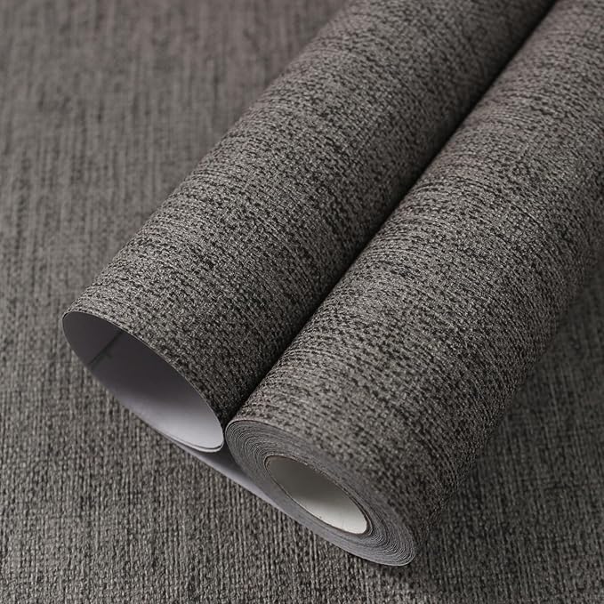 WADILE Grasscloth Peel and Stick Wallpaper 23.6in x 472in, Textured Contact Paper for Cabinets, Faux Linen Wall Paper Pull and Stick, Fabric Vinyl Wallpaper Self Adhesive Brown Gray