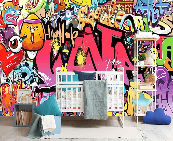 YIHWM-Peel and Stick Colorful Graffiti Wallpaper Pink Street Art wall Mural | Tear-resistant,with a substantial feel;Will not be damaged during repositioning.Boy's Room,kids room wallpaper.M-118"x85"