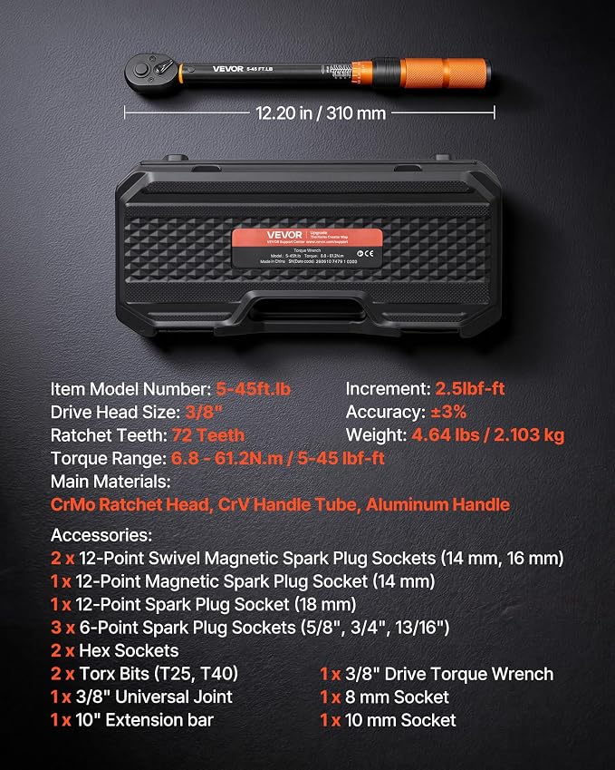 VEVOR Torque Wrench 3/8-inch Drive Click Torque Wrench Dual Scale Readings, 5-45 lbf-ft / 6.8-61.2 N.m, ±3% High Precision, with Spark Plug Sockets, Bits, Universal Joint, Extension Bar, Storage Case