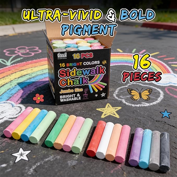 16 PCS Sidewalk Chalk for Kids - 16 Colors, Non-Toxic Washable Jumbo Outdoor Chalks - Set of Outdoor Paint for Kids and Toddlers - Chalkboard Toys - Perfect for Party & Creative Play