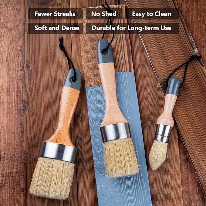 Mister Rui Chalk Wax Paint Brush 3 pcs, Large Wax Brush, Brushes for Furniture, Acrylic Paint, Milk Paint, Natural Bristles, 1 Small Round Brush and 2 Large Oval Brushes