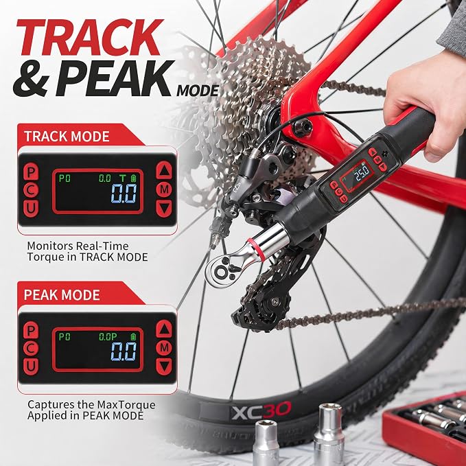 1/4" Digital Torque Wrench Set, 0.74-48 Ft-Lb(1-65Nm), ±2% CW Accuracy, Peak & Track Mode, Backlit LCD, 4" Extension Bar, Adapter, Universal Joint, Sockets Bits for Bicycle Motorcycle Auto DIY Repair