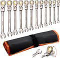 VEVOR Flex-Head Ratcheting Wrench Set, 12-Piece Metric 8 mm to 19 mm, 72 Teeth, Cr-V Steel Ratchet Flexible Combination Wrench Set with Roll Up Pouch, for General Household and Automotive Repairs