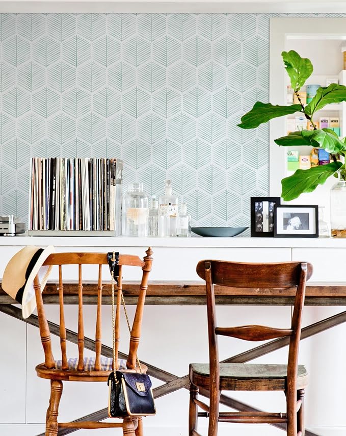 MelunMer Geometric Peel and Stick Wallpaper Boho Green White 17.3''×276'' | Modern Self Adhesive Removable Wallpaper for Bedroom/Bathroom Waterproof, Contact Paper for Cabinets, Drawers Easy to Install