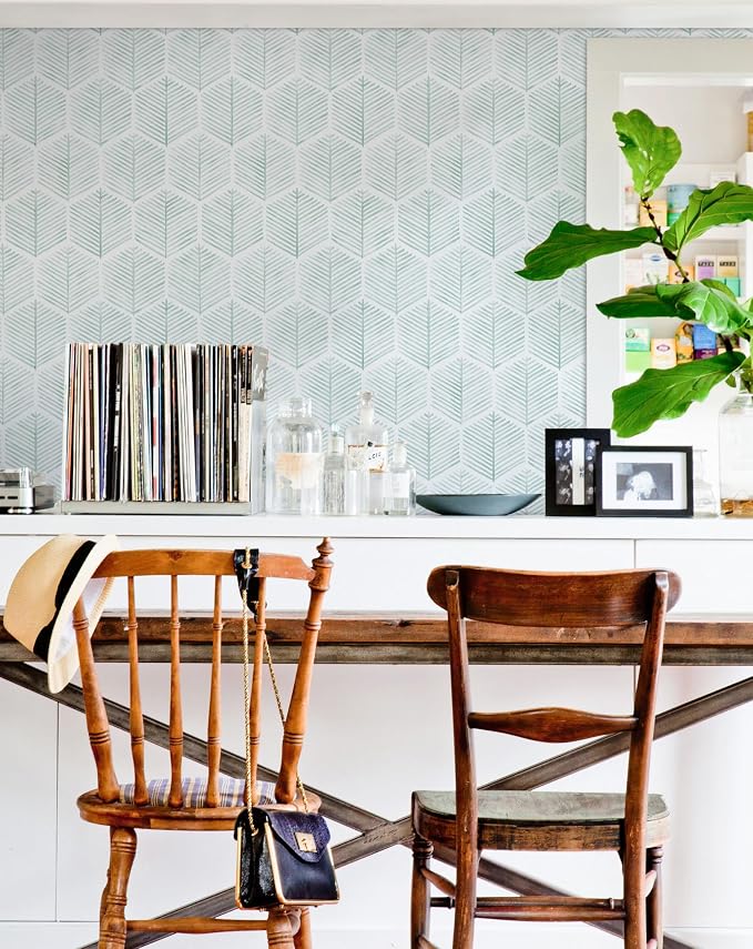 MelunMer Geometric Peel and Stick Wallpaper Boho Green White 17.3''×78.8'' | Modern Self Adhesive Removable Wallpaper for Bedroom/Bathroom Waterproof, Contact Paper for Cabinets, Drawers Easy to Install