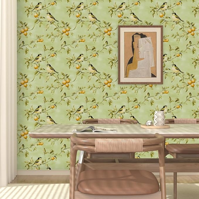 Green Bird Wallpaper Peel and Stick, Vintage Botanical Fruits Contact Paper, Retro Floral Boho Wall Paper Self Adhesive Removable Waterproof for Bedroom Walls Shelf Cabinet Drawer Table 17.5" x 118"