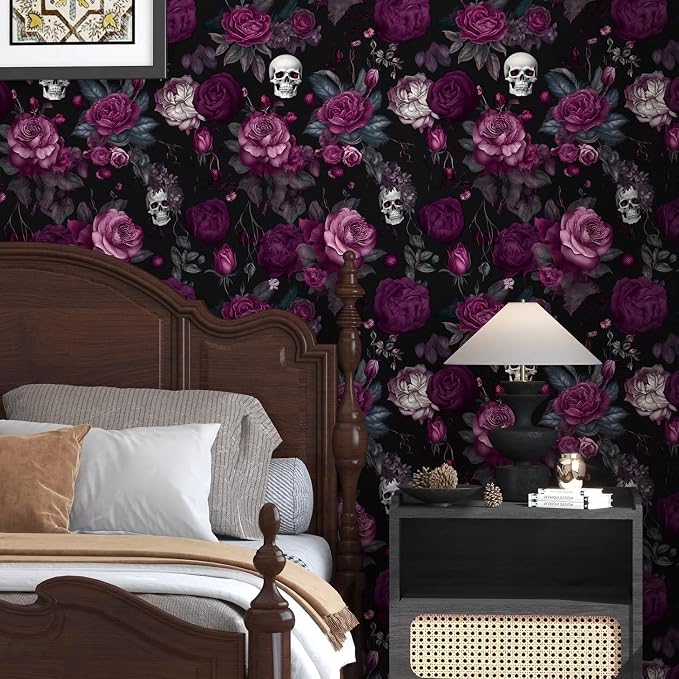 ILHIIOR Black Floral Gothic Peel and Stick Wallpaper 17.5 x 78 Inches | Leaf Removable Self Adhesive Waterproof Contact Paper, Renter Friendly Decor for Cabinets, Drawers & Bedroom Walls