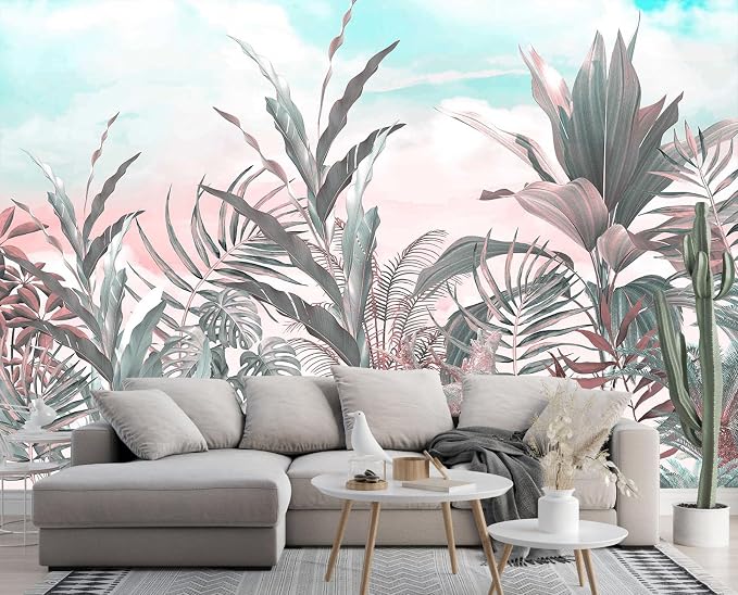Toolhom Tropical Leaves Flowers Seamless Pattern Mural | 170"x108" non-self-adhesive wallpaper for bedroom, living room, bathroom decorative art background wall