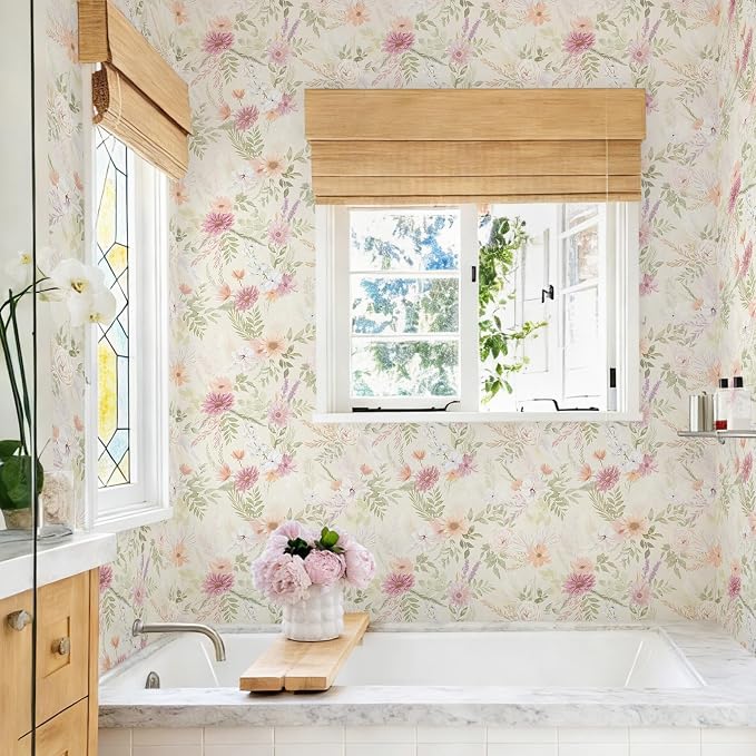 Dimoon Floral Peel and Stick Wallpaper Beige Boho Wallpaper Neutral Cottage Contact Paper Bathroom Cabinets Farmhouse Wall Paper Renter Friendly Removable Waterproof Kitchen Vinyl 362"x17.3"