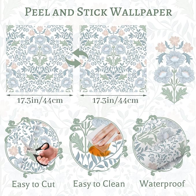 PeonyQueen Floral Peel and Stick Wallpaper 17.3"x197" Boho Contact Paper | Self Adhesive Removable Wall Paper for Bathroom Bedroom Blue and White Wildflower Wallpapers for Walls Home Decorate Vinyl