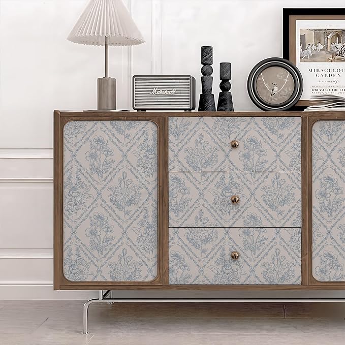 Toduso Peel and Stick Wallpaper Vintage Wall Paper Boho Contact Paper Blue Removable Wallpaper for Kitchen Bathroom Bedroom Floral Waterproof Self Adhesive Vinyl Drawer Decor 17.3"x78.7"
