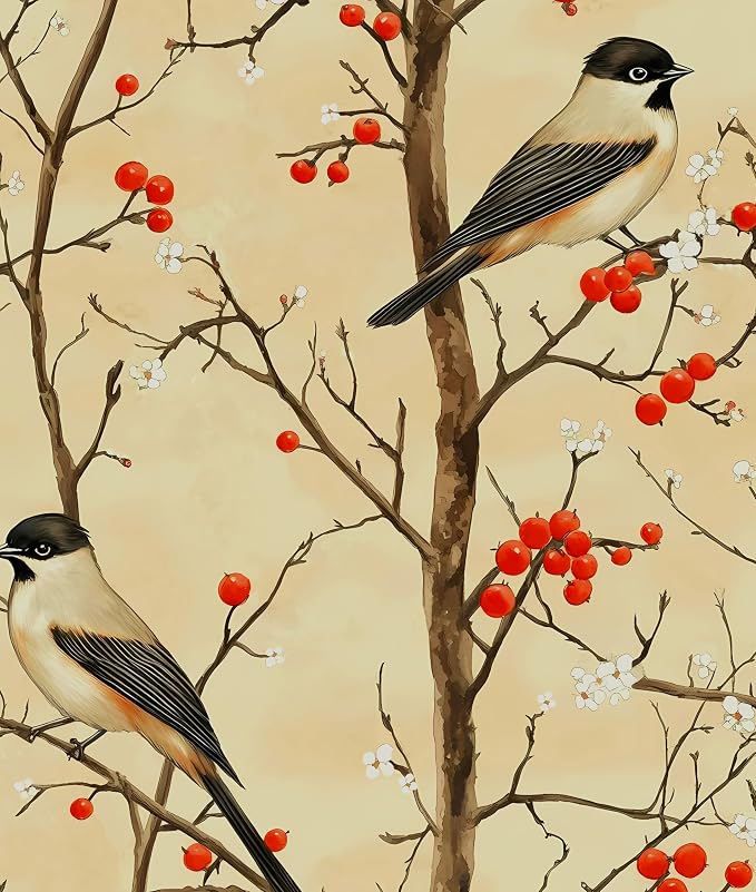 Yellow Bird Wallpaper Peel and Stick, Vintage Tree Botanical Contact Paper 17.5" x 393", Retro Floral Fruits Wall Paper Self Adhesive Removable Waterproof for Bedroom Walls Shelf Cabinet Drawer Table