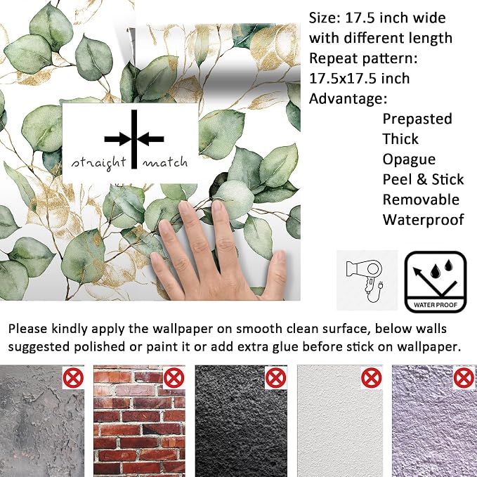 Livelynine 17.5x591 Botanical Nature Peel and Stick Wallpaper Vintage Sage Green and Gold Wall Paper for Bedrooms Living Room Apartment Friendly Eucalyptus Leaves Botanical Contact Paper for Drawers