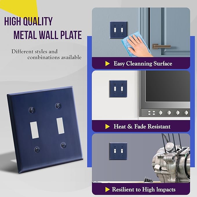ENERLITES Toggle Light Switch Metal Wall Plate, Stainless Steel Switch Cover, Corrosion Resistant, Standrad Size 2-Gang 4.50" x 4.57", Stainless Steel 201, 7712-BBL, Brushed Blue (Pack of 1)