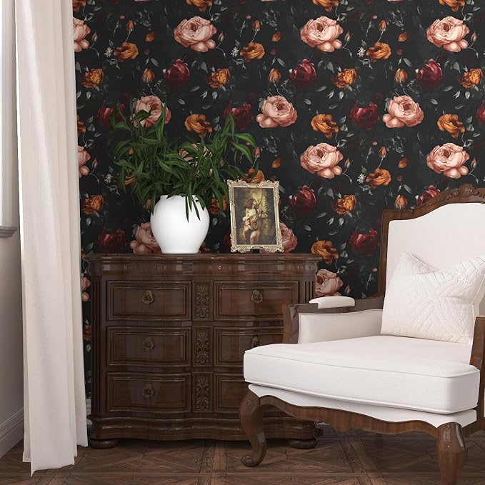 Gothic Black Orange Rose Floral Wallpaper Peel and Stick 17.5"x118" | Self Adhesive/Removable/Waterproof/Thick Vinyl Vintage Contact Paper for Bathroom Bedroom Shelf Cabinet Drawer,Prepasted