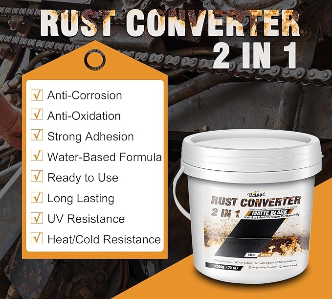 2 in 1 Rust Converter & Metal Primer, 72oz Matte Black Rust Remover for Metal, Trailer, Truck, Chassis, Frame, Water-based Rust Inhibitor and Encapsulator Paint, Easy Application, Long-Lasting