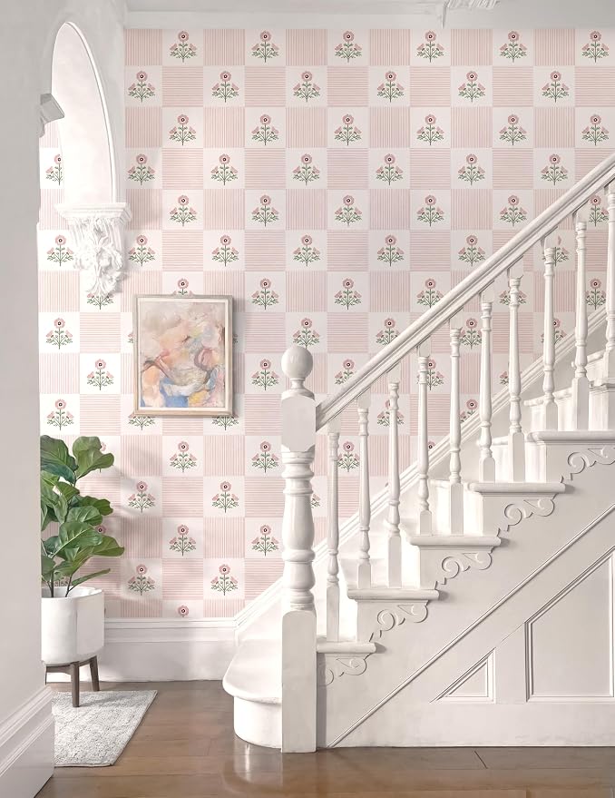 Guvana Pink Floral Peel and Stick Wallpaper Vintage Floral Wallpaper Boho Wall Paper Removable Modern Contact Paper Vinyl Self Adhesive for Bedroom Bathroom Kitchen Livingroom Covering 17.3" x 78.7"
