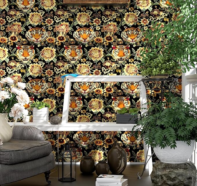 Yellow Gold Vintage Tiger Peel and Stick Wallpaper 17.5" x 118" | Waterproof Vinyl Self Adhesive Removable Renter Friendly Floral Contact Paper