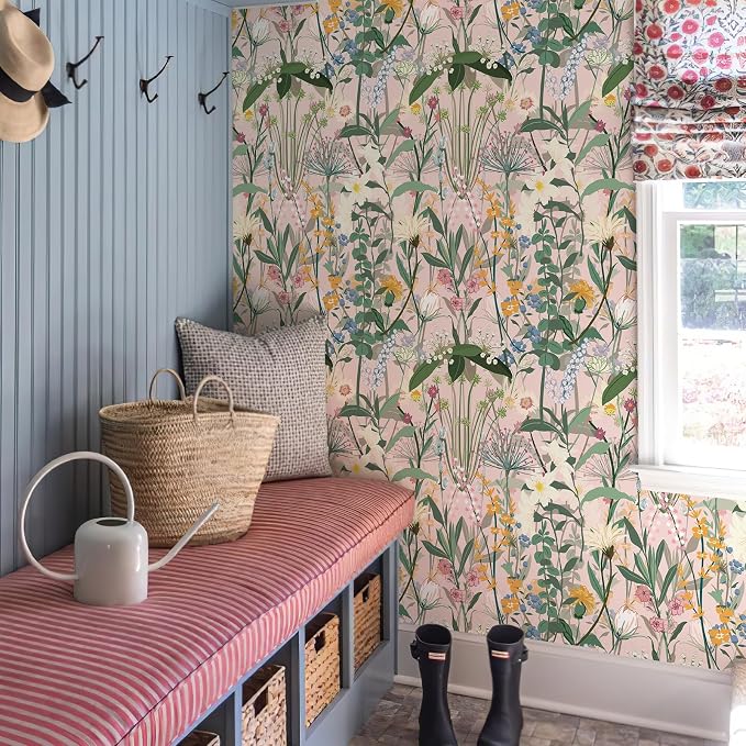 JiffDiff Floral Wallpaper Peel and Stick 17.3"x118" Pink Farm Wildwood Stick on Wallpaper for Home Bedroom Cabinets Thicken Self Adhesive Contact Paper