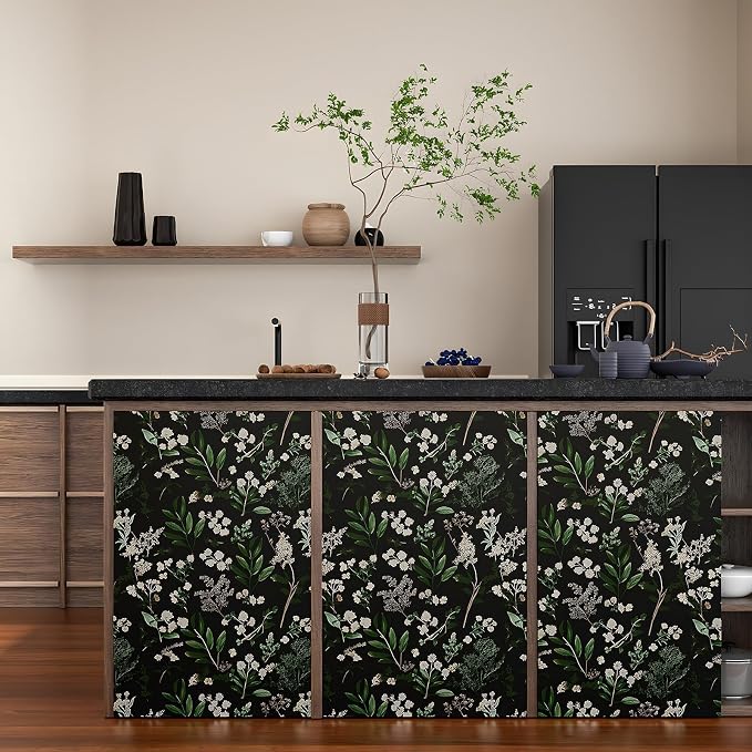 Vintage Dark Green Floral Leaf Peel and Stick Wallpaper 17.5"x197" | Self Adhesive/Removable/Waterproof/Thick Vinyl Contact Paper for Bathroom Bedroom Shelf Cabinet Drawer,Prepasted,Easy Peel