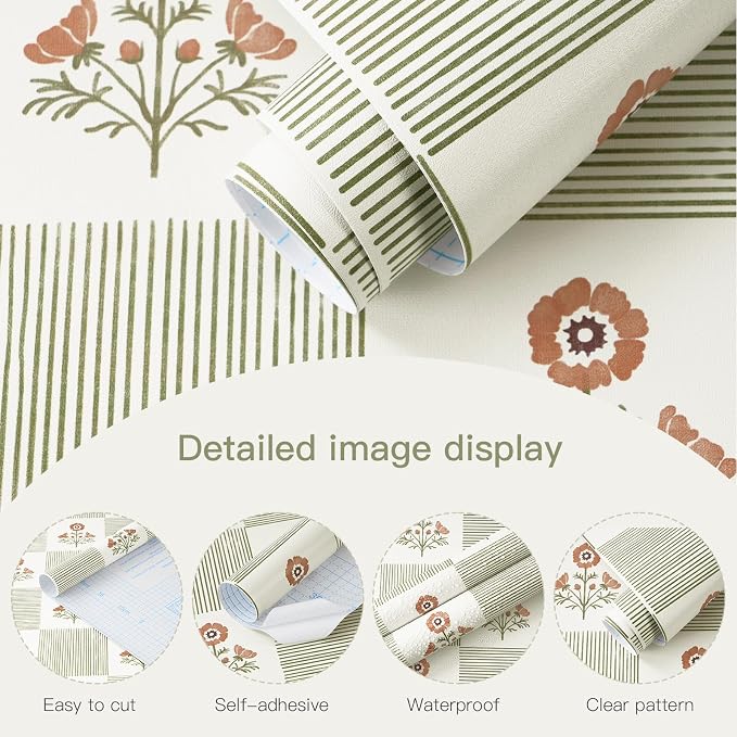 Guvana Green Floral Peel and Stick Wallpaper Vintage Floral Wallpaper Boho Wall Paper Removable Modern Contact Paper Vinyl Self Adhesive for Bedroom Bathroom Kitchen Livingroom Covering 17.3"×78.7"