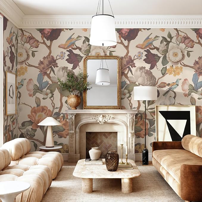 Zeeko Vintage Floral Wallpaper Peel and Stick Large Beige Flower Wall Murals for Bedroom TV Background Wall Paintings Art Deco 148" W x 98" H