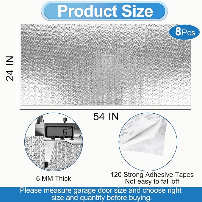 Garage Door Insulation Kit 8P Double Bubble Window Heat Insulation Panels, 6MM 9x8FT Reflective Aluminum Foil Summer/Winter Barrier Sheets with 120 Adhesive Tapes for Garage Attic Wall(24x54)