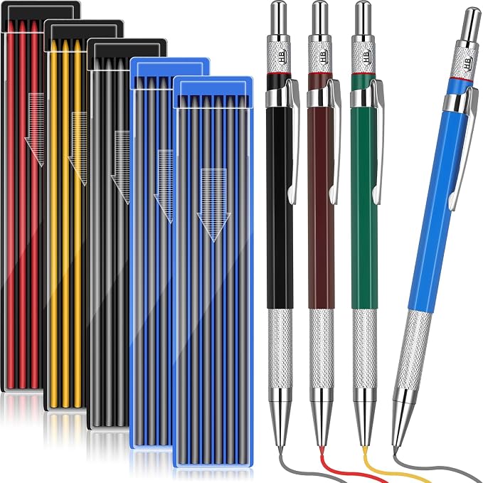 Nezyo 4 Pieces Welder Pencil with 60 Pieces Round Refills Mechanical Pencil Metal Marker Pen for Construction Workers, Metal Work, Welders, Plumbers, Framers (Black, Red, Yellow, Silver)