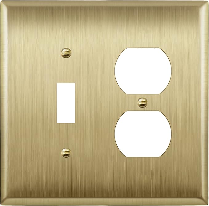 ENERLITES Combination Toggle Switch and Duplex Receptacle Metal Wall Plate, Stainless Steel 201 Outlet Cover, Corrosion-Resistant, Mid-Size 2-Gang 4.88" x 4.92", 771121M-BB, Brushed Brass