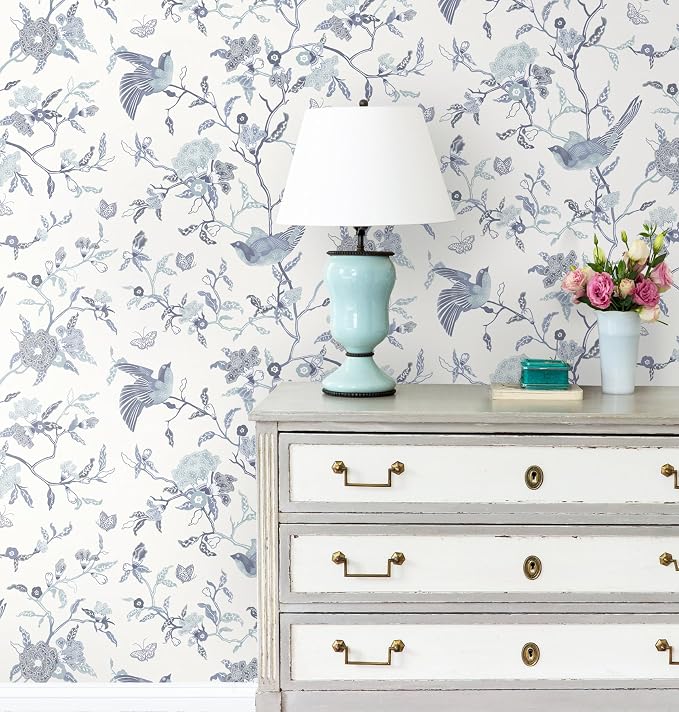 Timeet Peel and Stick Wallpaper Vintage Floral Contact Paper Blue and White Birds Wallpaper Removable Self Adhesive Flower Wall Paper for Bedroom Living Room 16.14"x393.7"