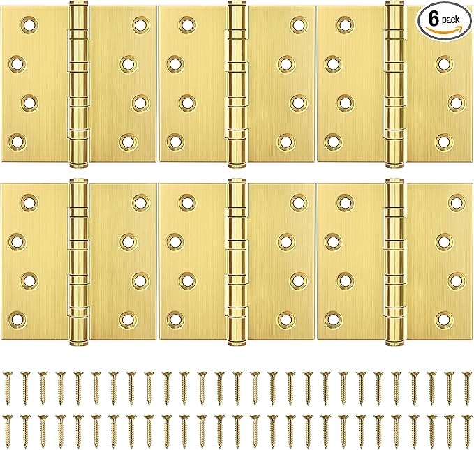 KOLET Ball Bearing Gold Door Hinges, 4 x 4 Inches Square Door Hinges Satin Gold, Square Corner, Stainless Steel Hinges, Heavy Duty, Smooth and Non Removable Pin, 6 Pack
