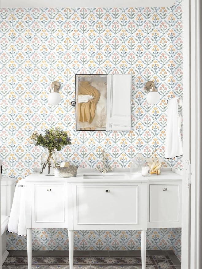 Dimoon 17.3''x393'' Peel and Stick Wallpaper Floral Boho Contact Paper Cute Vintage Village Wallpaper Farmhouse White Blue Renter Friendly Geometry Grid Waterproof Embossed Kitchen Bedroom Vinyl