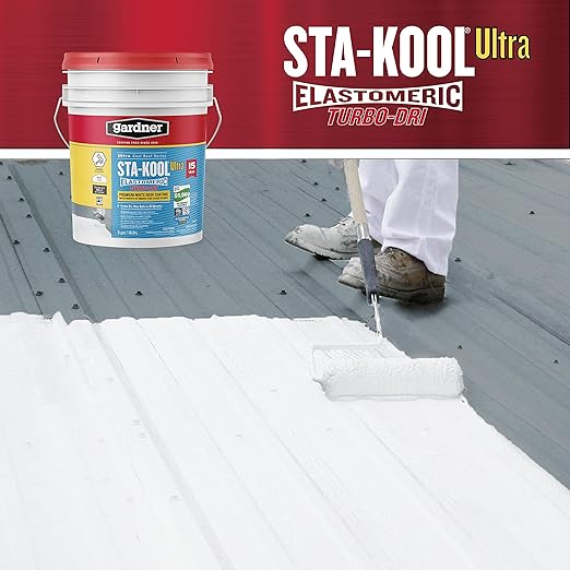 Gardner-Gibson Sta-Kool 15-Year Turbo-Dri Elastomeric Roof Coating, White, 5 Gal., Flexible White Acrylic Roof Coating, Reflective Finish Keeps Cool, Great for RV