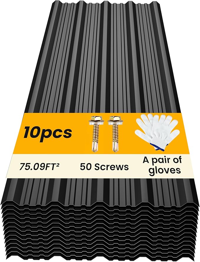 10 pcs Metal Roofing Panels - Corrugated Galvanized Roof Panels L61.02x W17.72 Inch, Waterproof Tin Roof Sheets for Garages,Sheds, Stables and Mobile Homes, Includes Screws(Black,L61.02''-10)